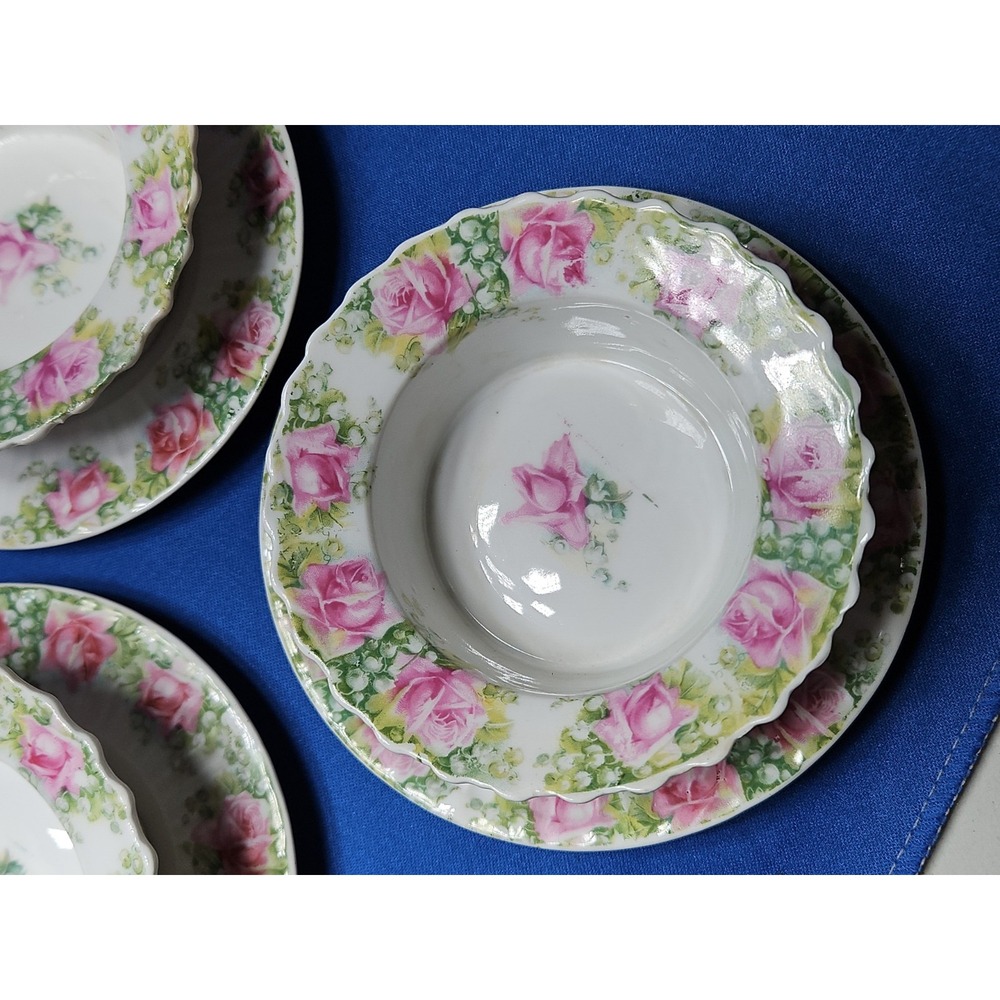 6 Antique Custard Ramekins Bowls w/Plates Saucers Carl Tielsch Germany Rose Ivy
